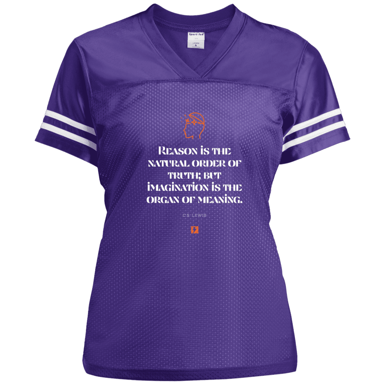 Ladies' Replica Jersey with inspiring CS Lewis quote: CS113 - Truth and meaning require reason and imagination - Color: Purple/White