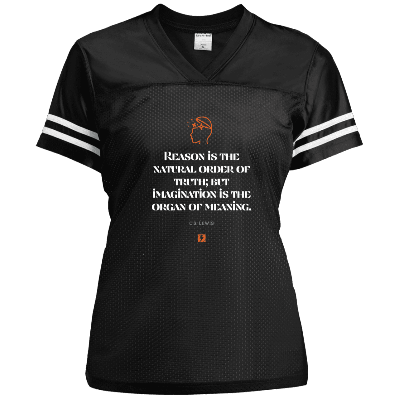 Ladies' Replica Jersey with inspiring CS Lewis quote: CS113 - Truth and meaning require reason and imagination - Color: Black/White