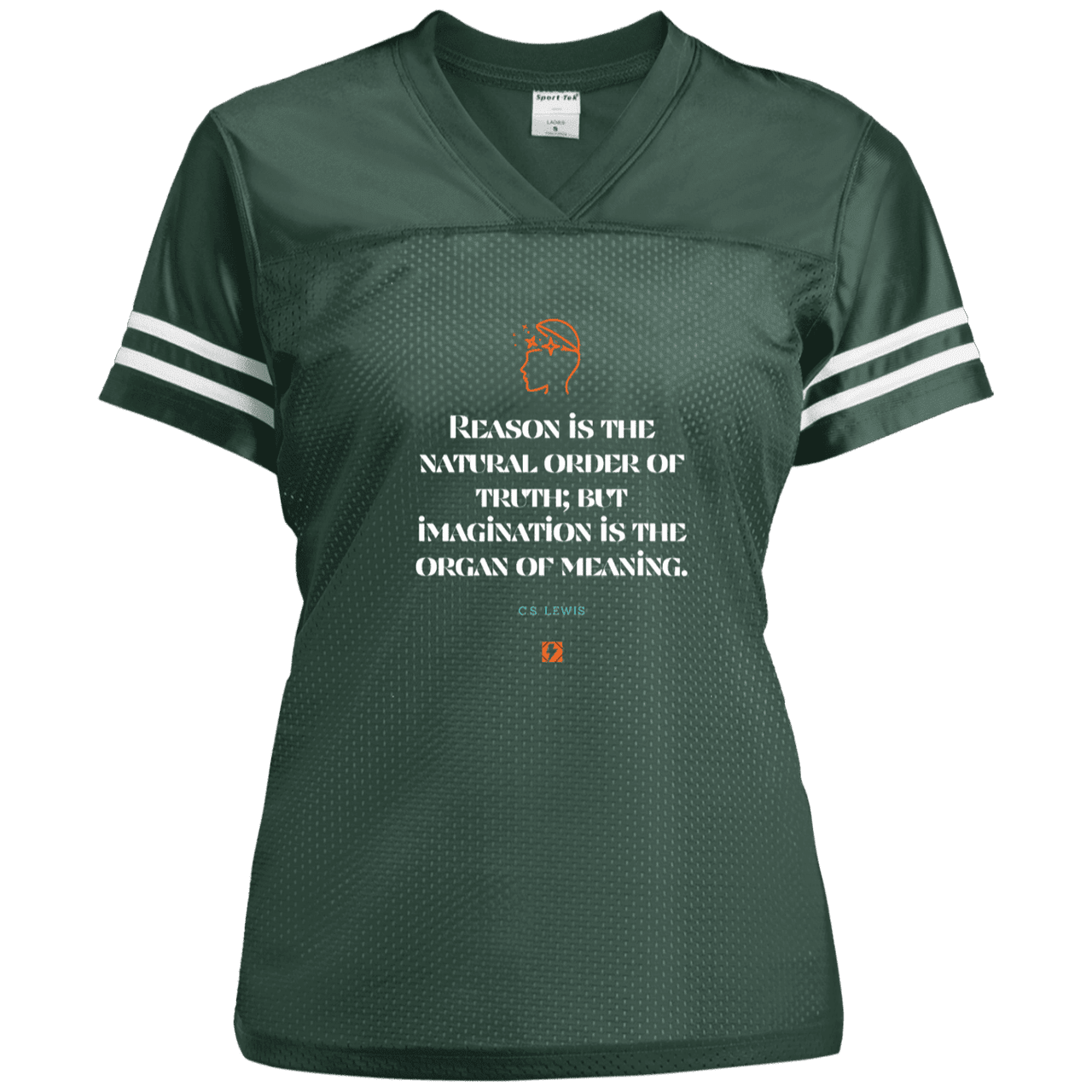 Ladies' Replica Jersey with inspiring CS Lewis quote: CS113 - Truth and meaning require reason and imagination - Color: Forest Green/White