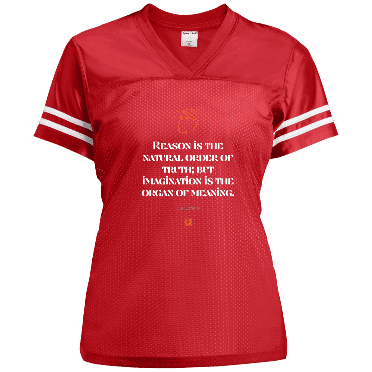 Ladies' Replica Jersey with inspiring CS Lewis quote: CS113 - Truth and meaning require reason and imagination - Color: True Red/White