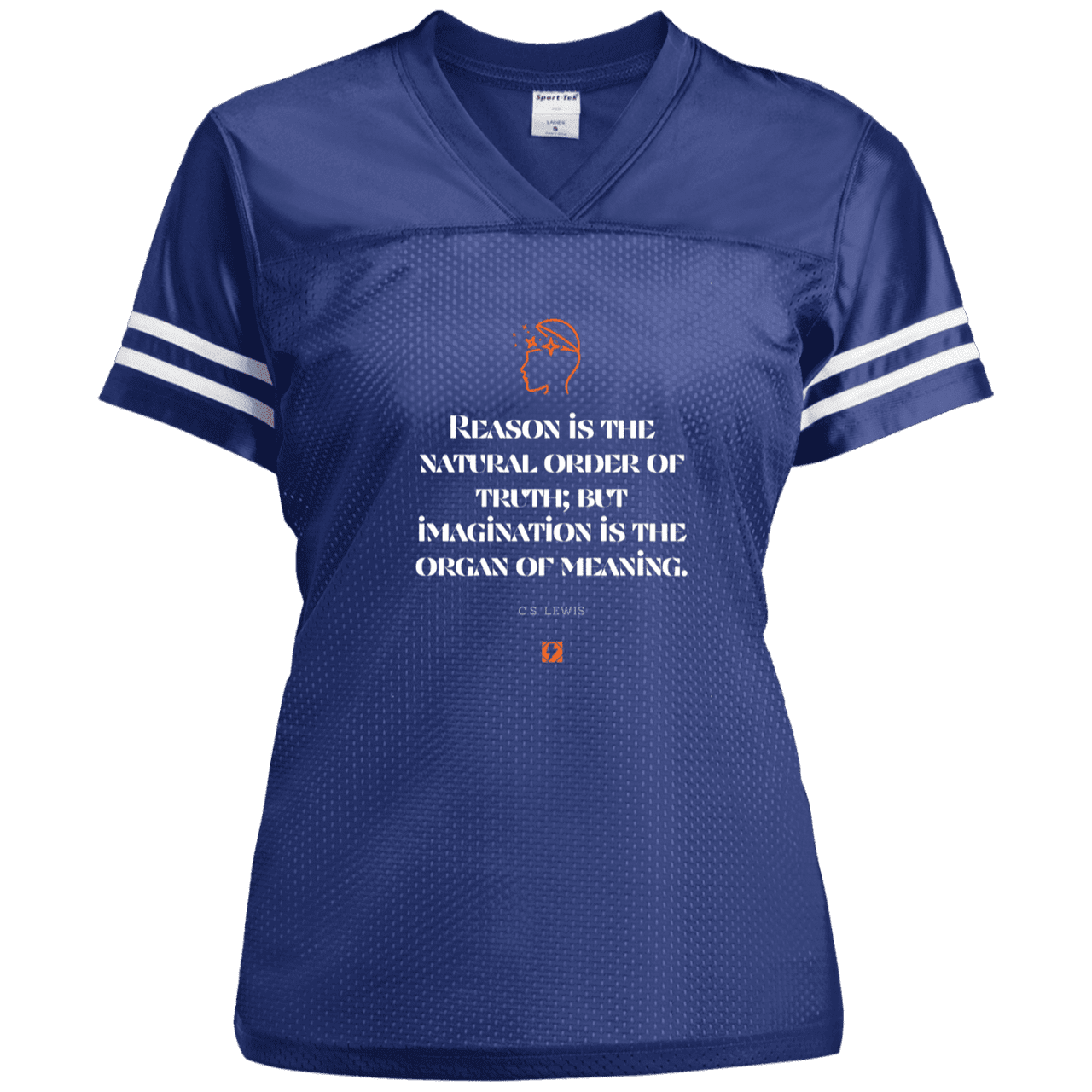 Ladies' Replica Jersey with inspiring CS Lewis quote: CS113 - Truth and meaning require reason and imagination - Color: True Royal/White