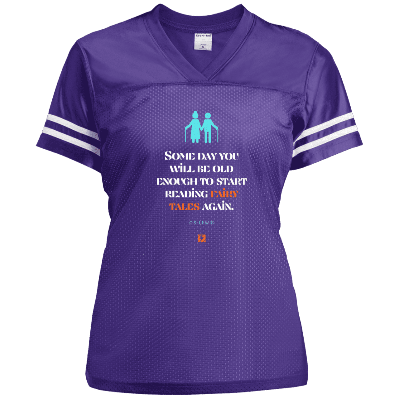 Ladies' Replica Jersey with inspiring CS Lewis quote: CS114 - Fairy tales for the old - Color: Purple/White