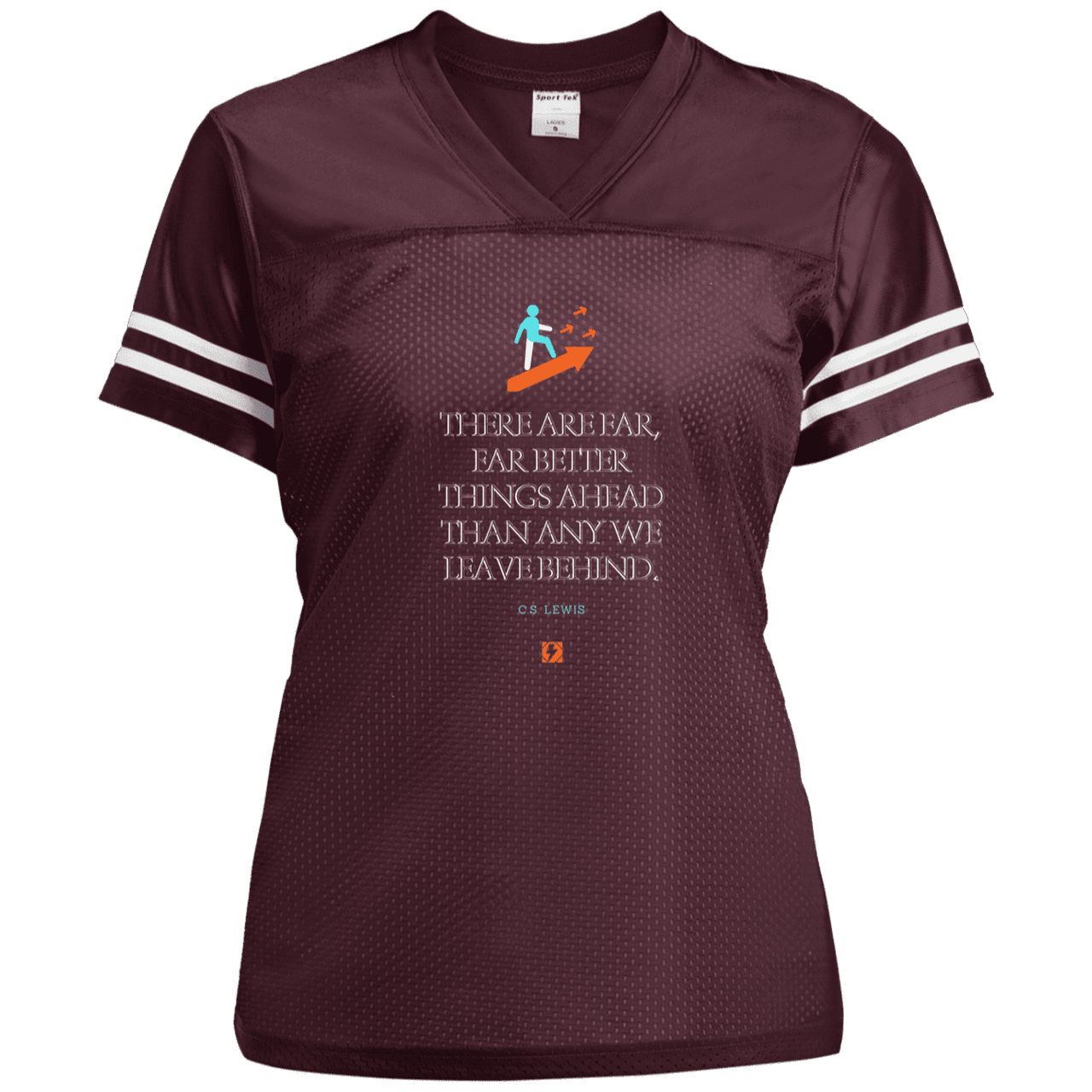 Ladies' Replica Jersey with inspiring CS Lewis quote: CS115 - Better things ahead than behind - Color: Maroon/White