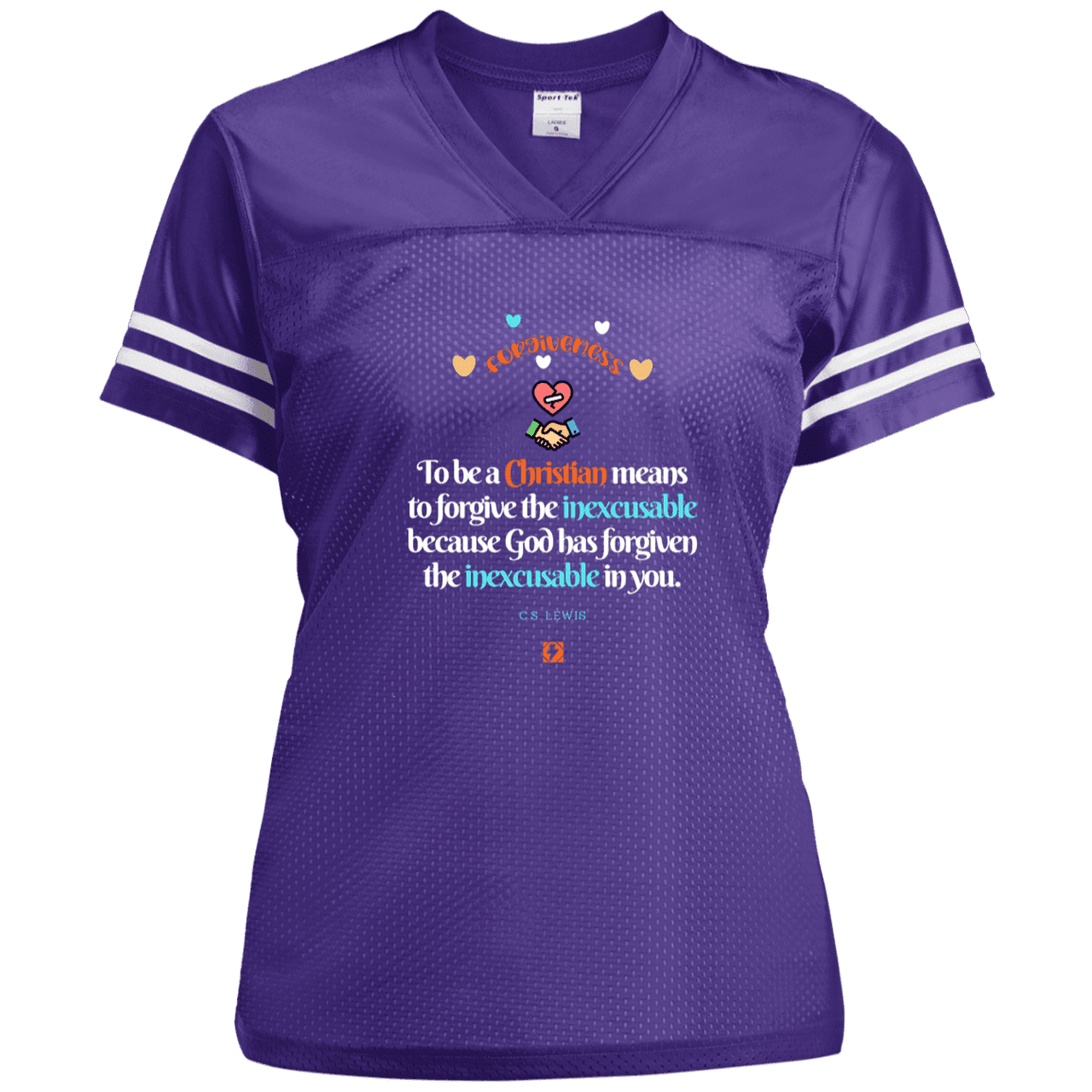 Ladies' Replica Jersey with inspiring CS Lewis quote: CS116 - Forgive the inexcusable - Color: Purple/White