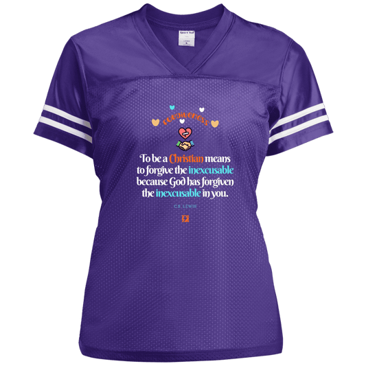 Ladies' Replica Jersey with inspiring CS Lewis quote: CS116 - Forgive the inexcusable - Color: Purple/White