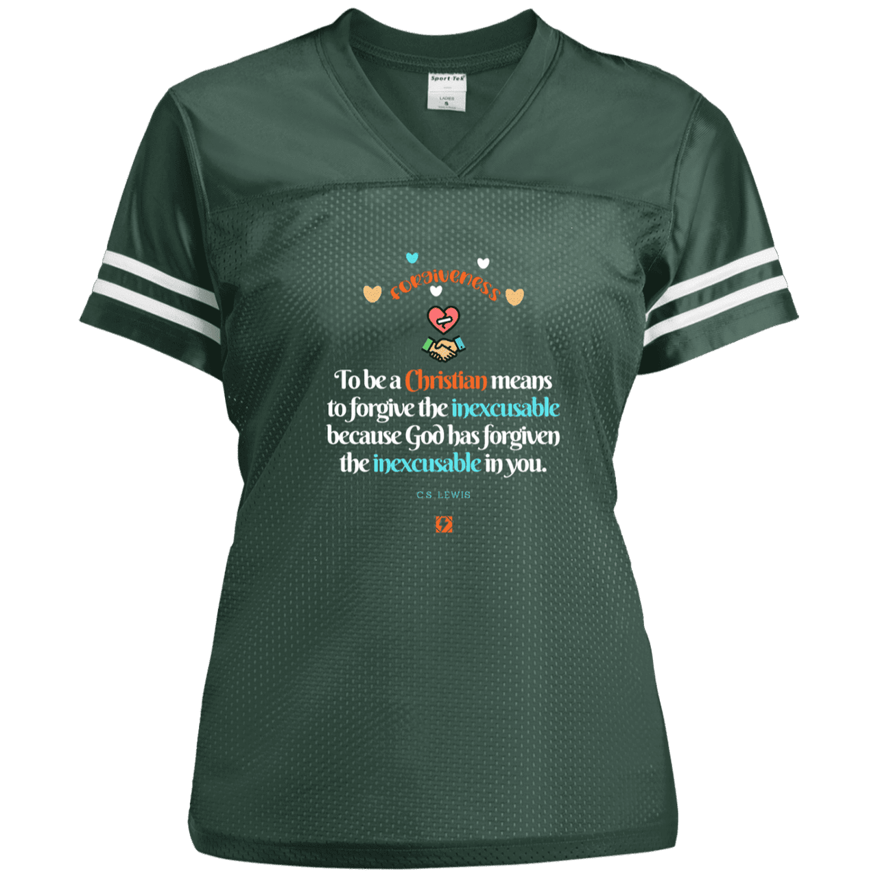 Ladies' Replica Jersey with inspiring CS Lewis quote: CS116 - Forgive the inexcusable - Color: Forest Green/White