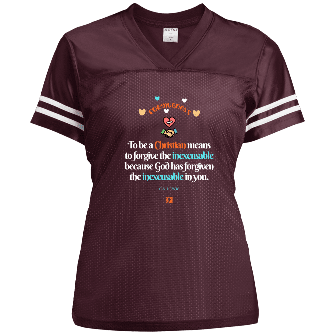 Ladies' Replica Jersey with inspiring CS Lewis quote: CS116 - Forgive the inexcusable - Color: Maroon/White