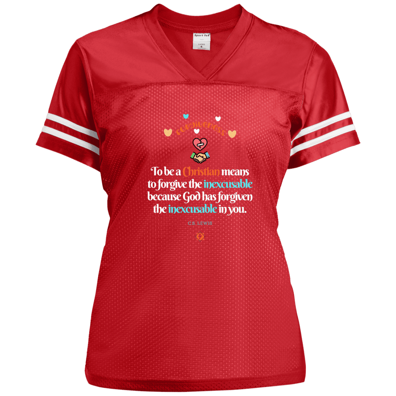 Ladies' Replica Jersey with inspiring CS Lewis quote: CS116 - Forgive the inexcusable - Color: True Red/White