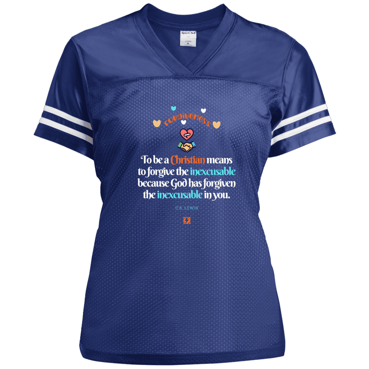 Ladies' Replica Jersey with inspiring CS Lewis quote: CS116 - Forgive the inexcusable - Color: True Royal/White