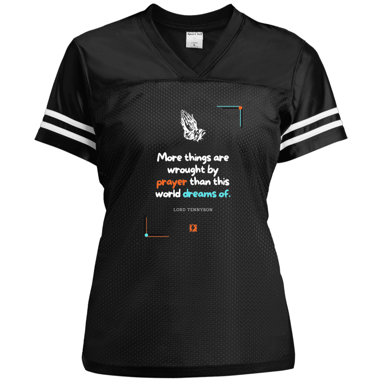 Ladies' Replica Jersey with inspiring Tennyson quote: LT111 - Prayer accomplishes things not dreams - Color: Black/White