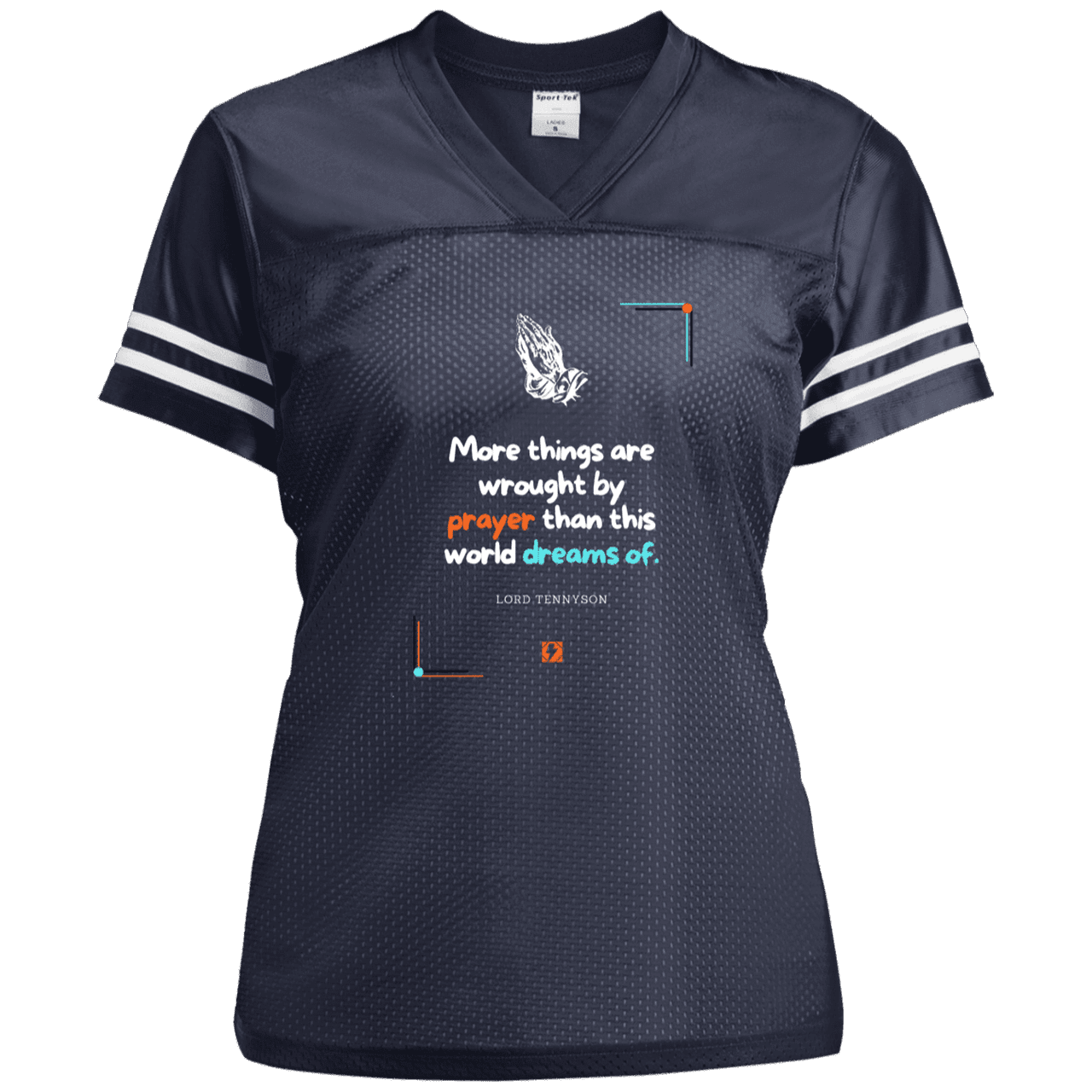 Ladies' Replica Jersey with inspiring Tennyson quote: LT111 - Prayer accomplishes things not dreams - Color: True Navy/White