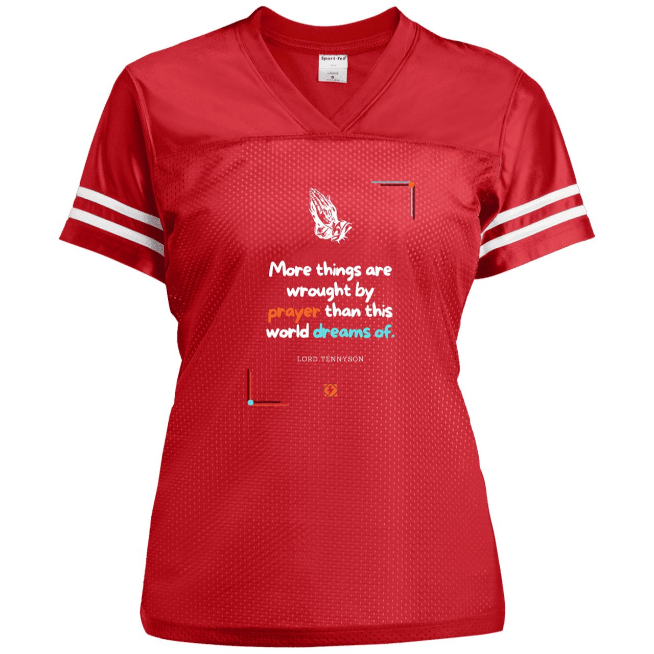 Ladies' Replica Jersey with inspiring Tennyson quote: LT111 - Prayer accomplishes things not dreams - Color: True Red/White