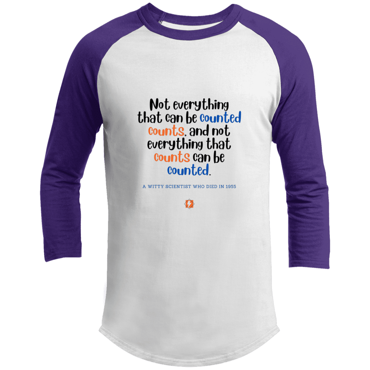 Men's 3/4 Sleeve Raglan T200 with inspiring Einstein quote: E104 - Not everything that can be counted counts - Color: White/Purple