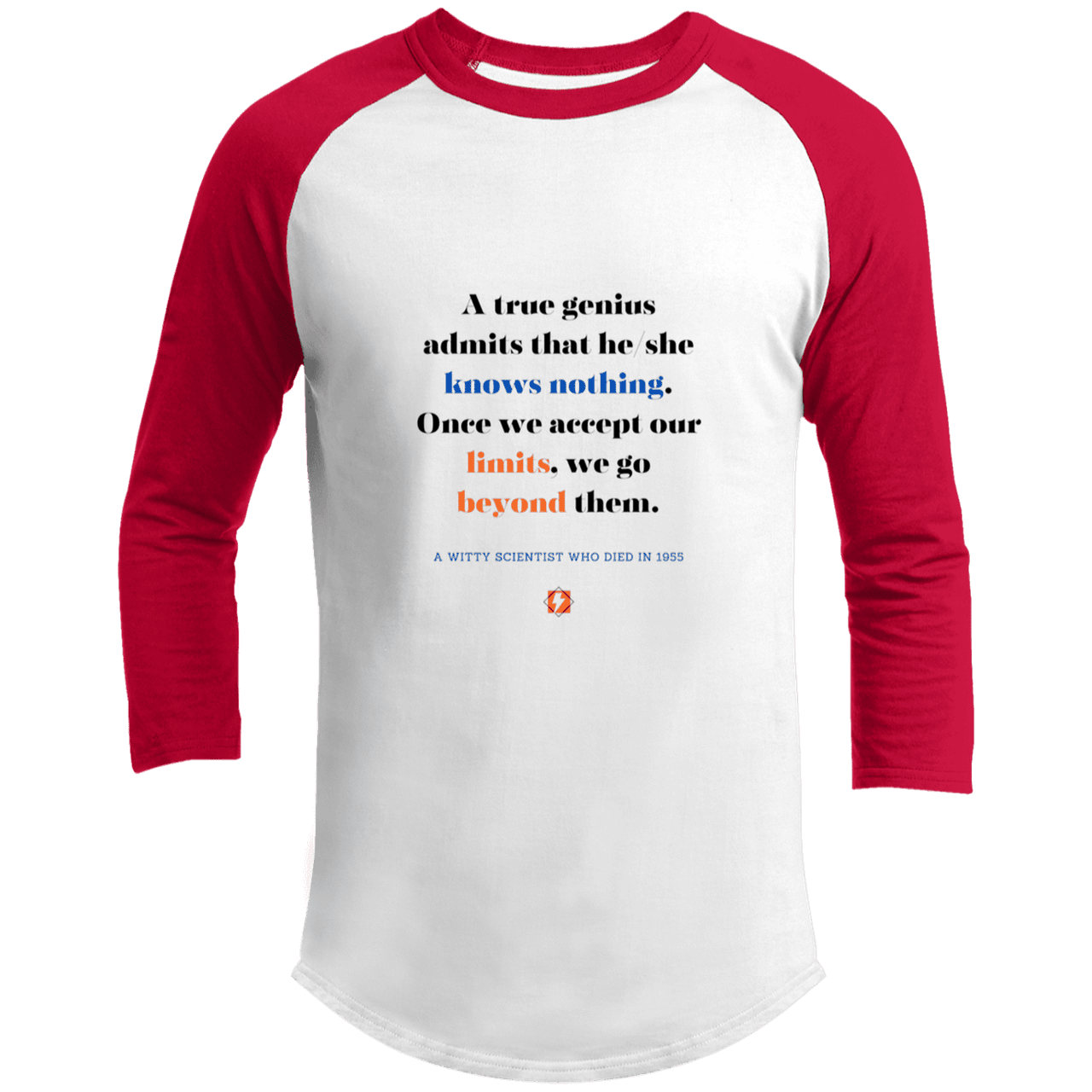 Men's 3/4 Sleeve Raglan T200 with inspiring Einstein quote: E119 - A genius is conscious of one's limits - Color: White/Red