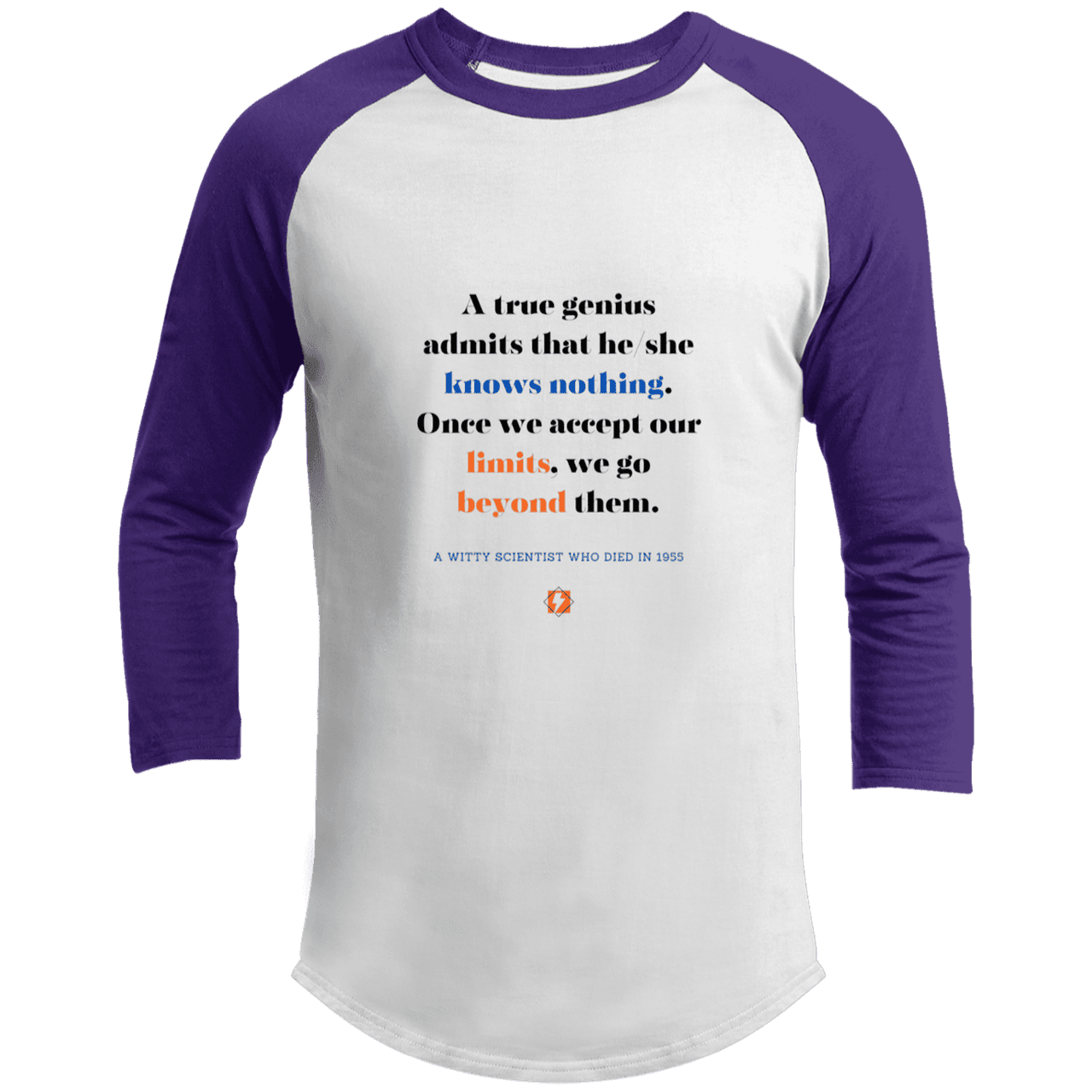 Men's 3/4 Sleeve Raglan T200 with inspiring Einstein quote: E119 - A genius is conscious of one's limits - Color: White/Purple