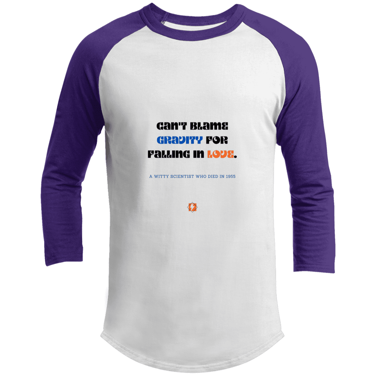 Men's 3/4 Sleeve Raglan T200 with inspiring Einstein quote: E123 - Can't blame gravity for falling in love - Color: White/Purple