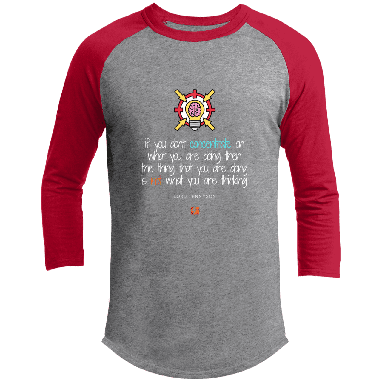 Men's 3/4 Sleeve Raglan T200 with inspiring Tennyson quote: LT105 - Concentrate on your task - Color: Heather Grey/Red