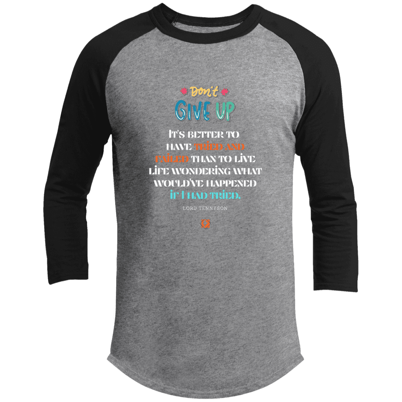 Men's 3/4 Sleeve Raglan T200 with inspiring Tennyson quote: LT106 - Failure better than non-attempt - Color: Heather Grey/Black