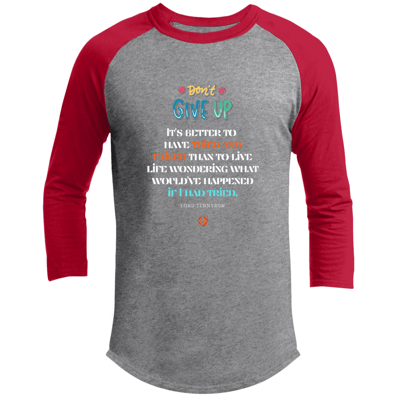 Men's 3/4 Sleeve Raglan T200 with inspiring Tennyson quote: LT106 - Failure better than non-attempt - Color: Heather Grey/Red