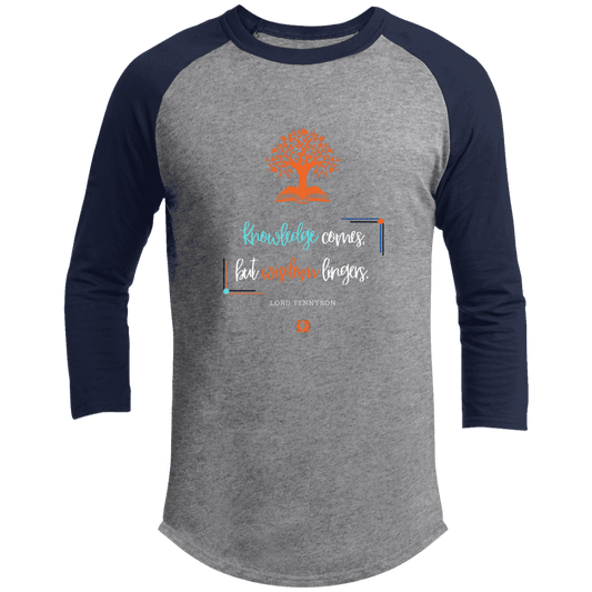 Men's 3/4 Sleeve Raglan T200 with inspiring Tennyson quote: LT107 - Knowledge vs Wisdom - Color: Heather Grey/Navy