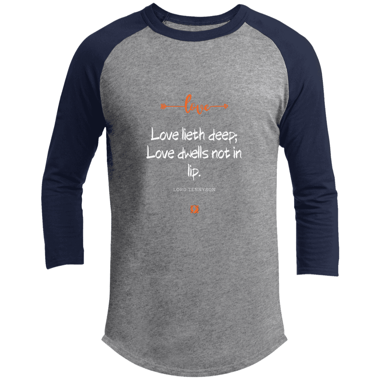 Men's 3/4 Sleeve Raglan T200 with inspiring Tennyson quote: LT110 - Love is in the depth of the heart - Color: Heather Grey/Navy