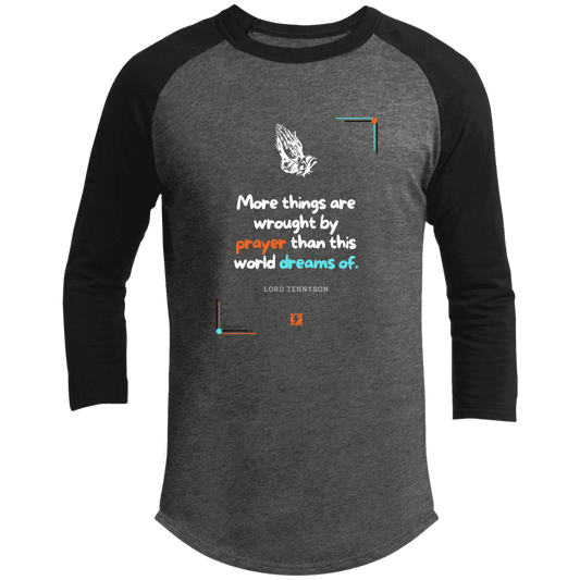 Men's 3/4 Sleeve Raglan T200 with inspiring Tennyson quote: LT111 - Prayer accomplishes things not dreams - Color: Dark Heather Grey/Black