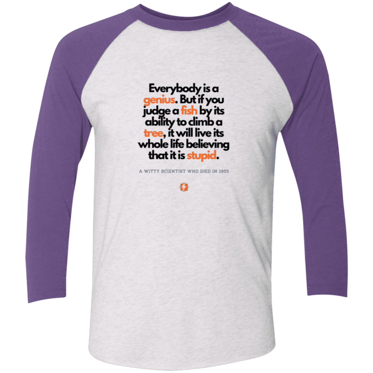 Men's 3/4 Sleeve Raglan Tri-Blend NL6051 with inspiring Einstein quote: E103 - Everybody is a genius - Color: Heather White/Purple Rush