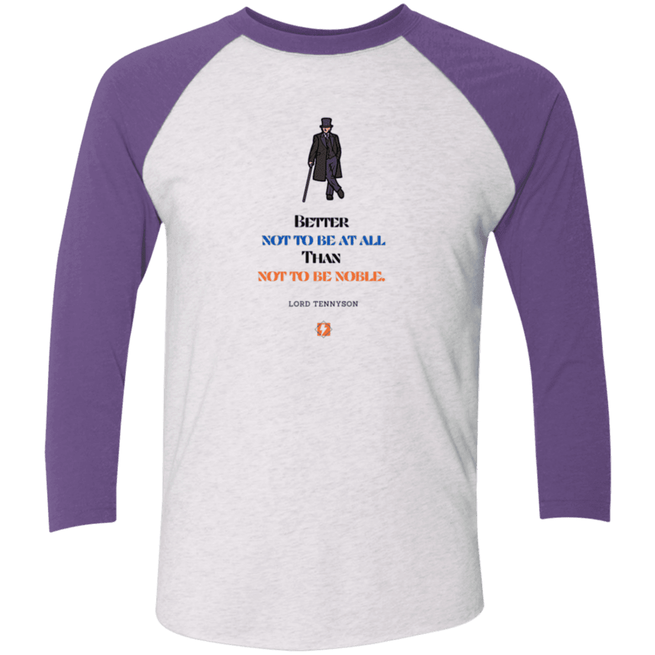 Men's 3/4 Sleeve Raglan Tri-blend NL6051 with inspiring Tennyson quote: LT102 - Being noble is what counts - Color: Heather White/Purple Rush