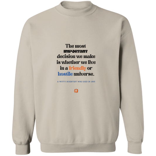 Men's Crewneck Pullover Sweatshirt G180 with inspiring Einstein quote: E115 - Understanding the nature of the universe is key - Color: Sand