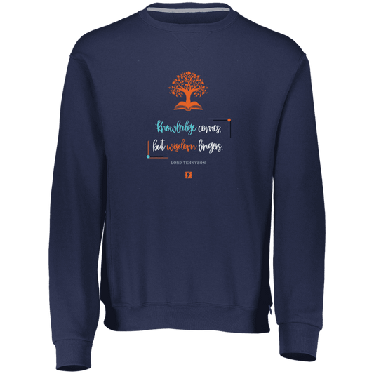 Men's Dri-Power Fleece Crewneck Sweatshirt 698HBM with inspiring Tennyson quote: LT107 - Knowledge vs Wisdom - Color: Navy