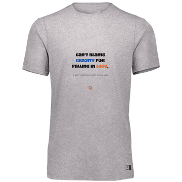 Men’s Dri-Power Odor Protection UPF 30+ T-Shirt with inspiring Einstein quote: E123 - Can't blame gravity for falling in love - Color: Oxford Grey