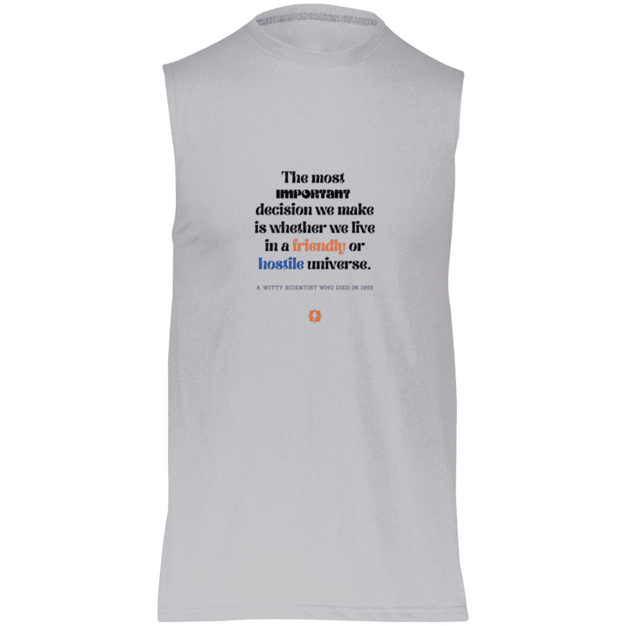 Men's Dri-Power Sleeveless Muscle Tee with inspiring Einstein quote: E115 - Understanding the nature of the universe is key - Color: Oxford Grey