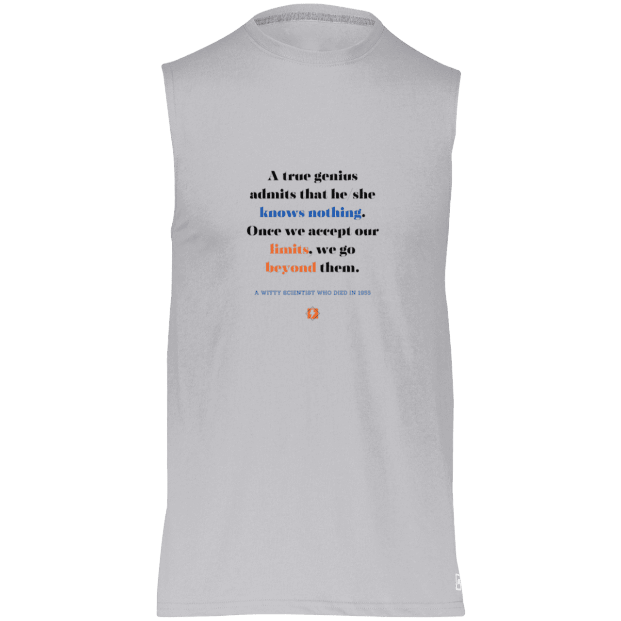 Men's Dri-Power Sleeveless Muscle Tee with inspiring Einstein quote: E119 - A genius is conscious of one's limits - Color: Oxford Grey