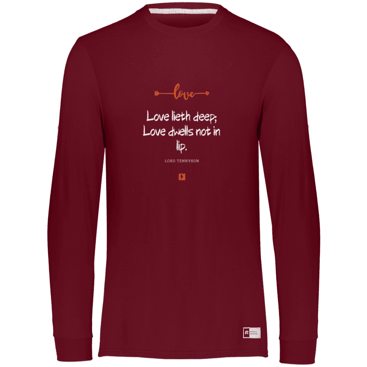 Men's Essential Dri-Power LS T-Shirt 64LTTM with inspiring Tennyson quote: LT110 - Love is in the depth of the heart - Color: Cardinal