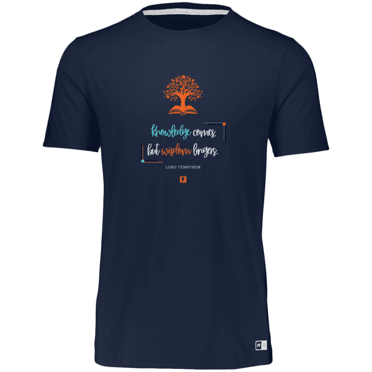 Men's Essential Dri-Power T-Shirt 64STTM with inspiring Tennyson quote: LT107 - Knowledge vs Wisdom - Color: Navy