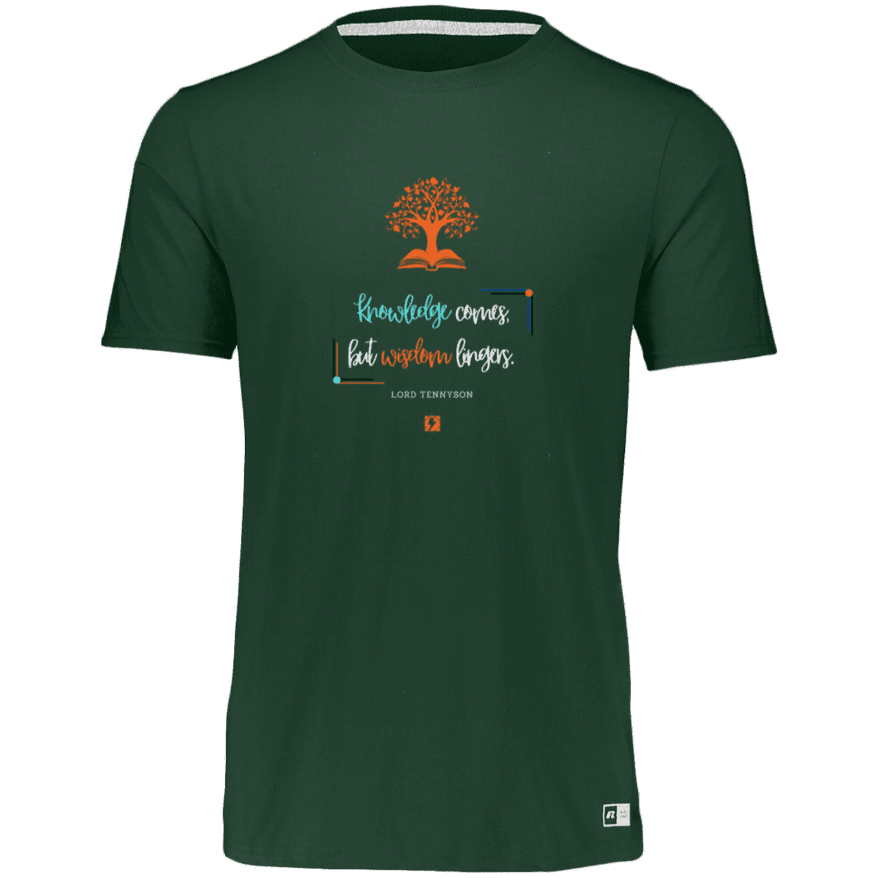 Men's Essential Dri-Power T-Shirt 64STTM with inspiring Tennyson quote: LT107 - Knowledge vs Wisdom - Color: Forest