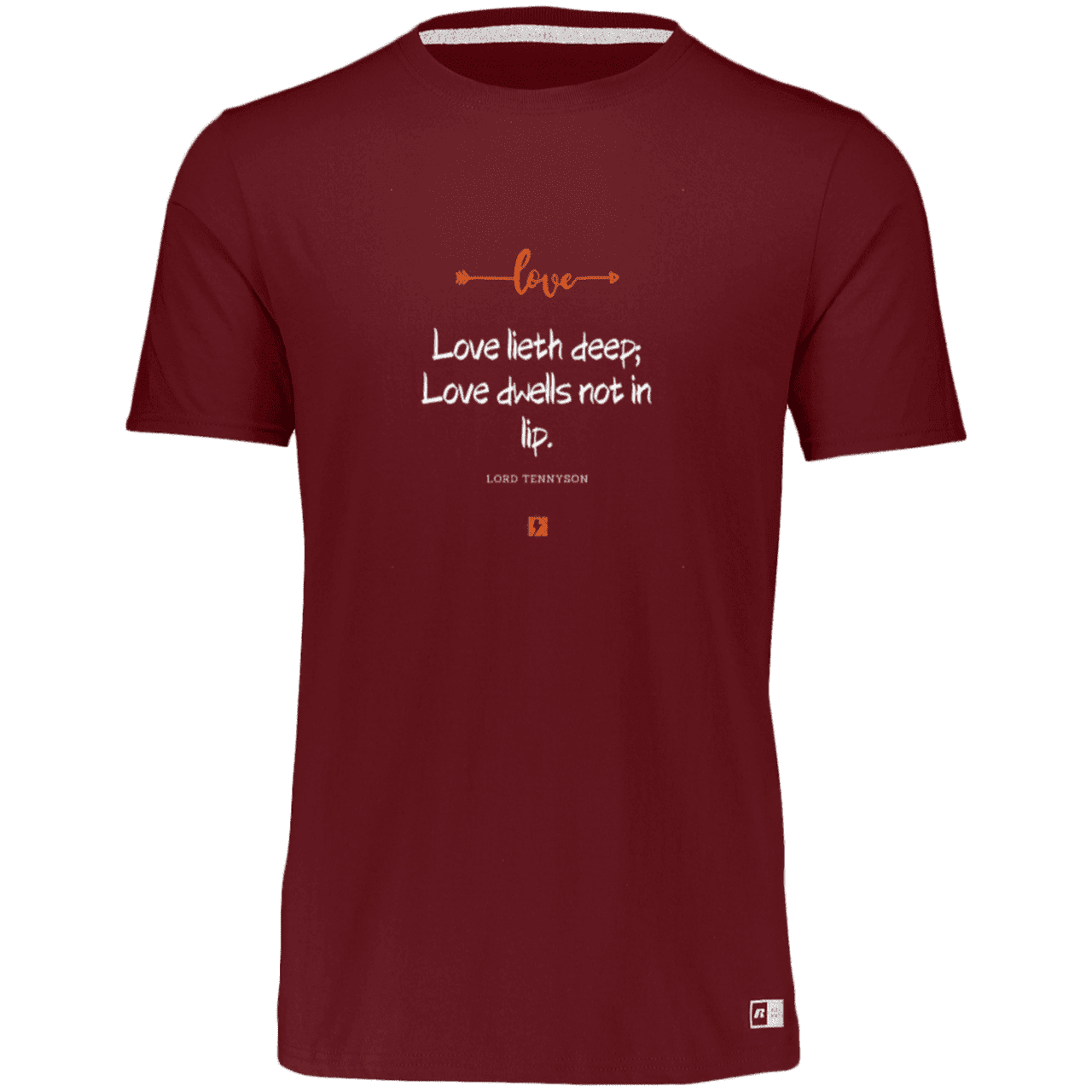 Men's Essential Dri-Power T-Shirt 64STTM with inspiring Tennyson quote: LT110 - Love is in the depth of the heart - Color: Cardinal