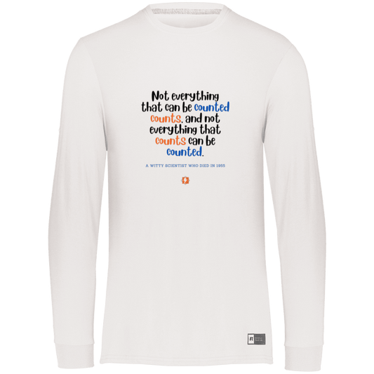 Men's LS Dri-Power Activewear with inspiring Einstein quote: E104 - Not everything that can be counted counts - Color: White