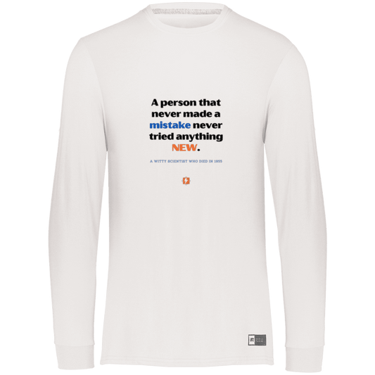 Men's LS Dri-Power Activewear with inspiring Einstein quote: E118 - Try new things and learn from mistakes - Color: White