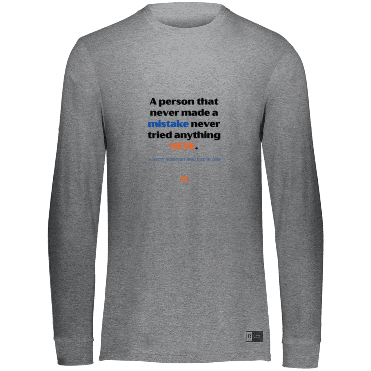 Men's LS Dri-Power Activewear with inspiring Einstein quote: E118 - Try new things and learn from mistakes - Color: Oxford Grey