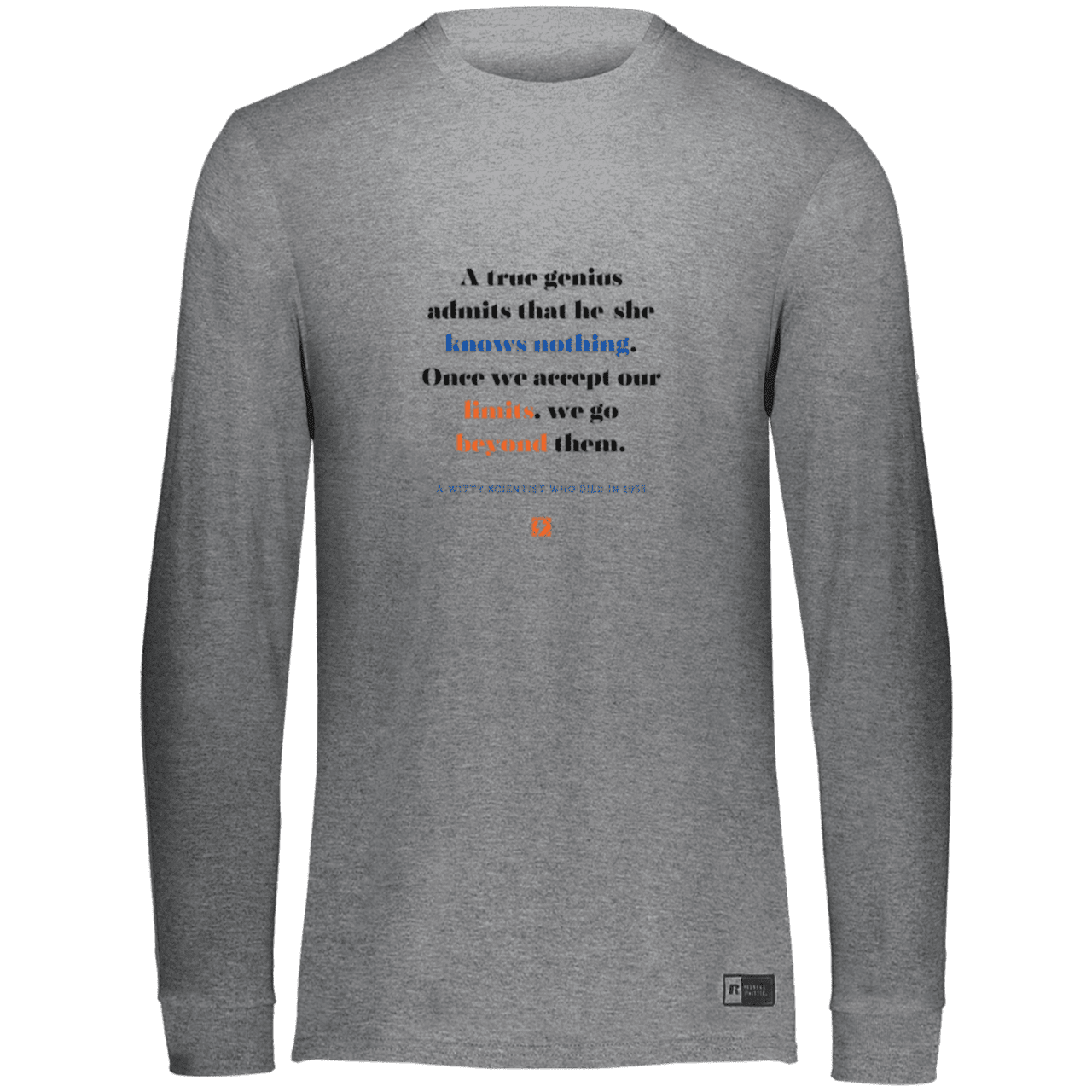 Men's LS Dri-Power Activewear with inspiring Einstein quote: E119 - A genius is conscious of one's limits - Color: Oxford Grey