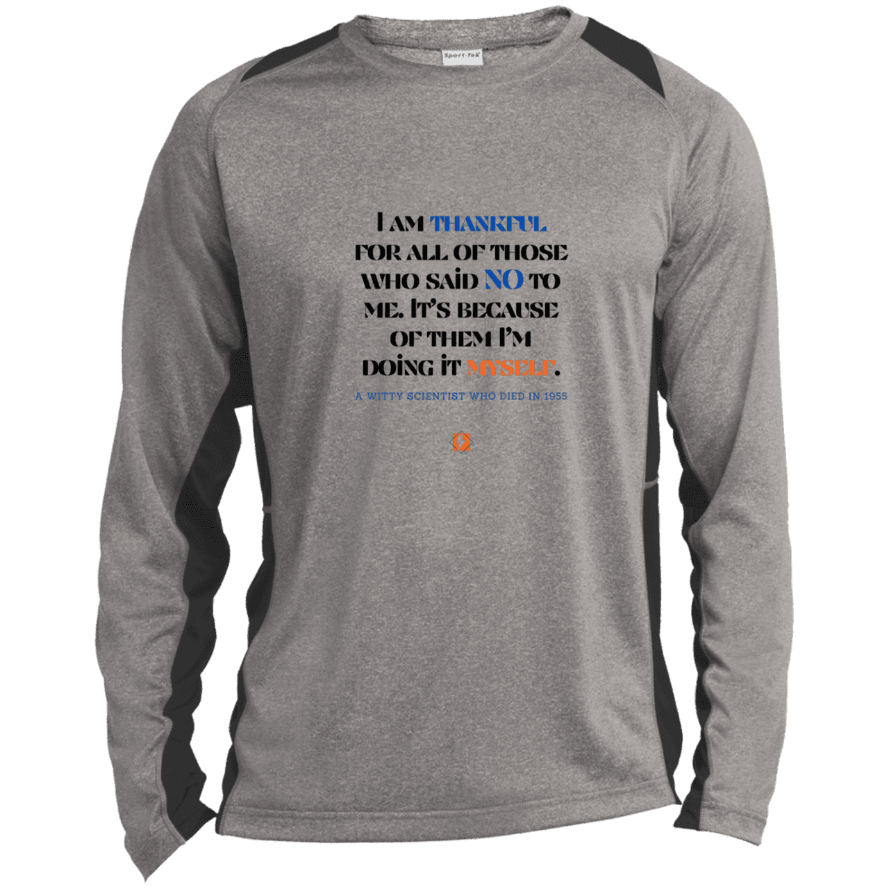 Men's LS Heather Colorblock T-Shirt with inspiring Einstein quote: E102 - I am thankful for all of those who said NO to me - Color: Vintage Heather/Black