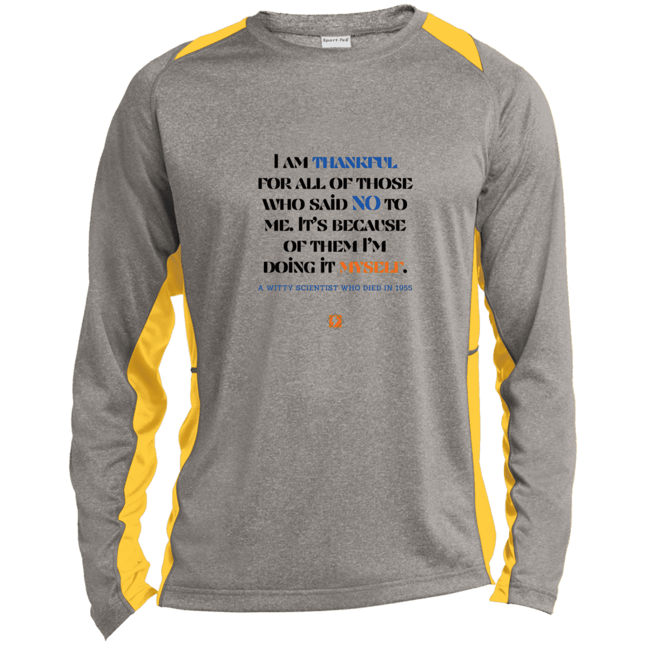 Men's LS Heather Colorblock T-Shirt with inspiring Einstein quote: E102 - I am thankful for all of those who said NO to me - Color: Vintage Heather/Gold