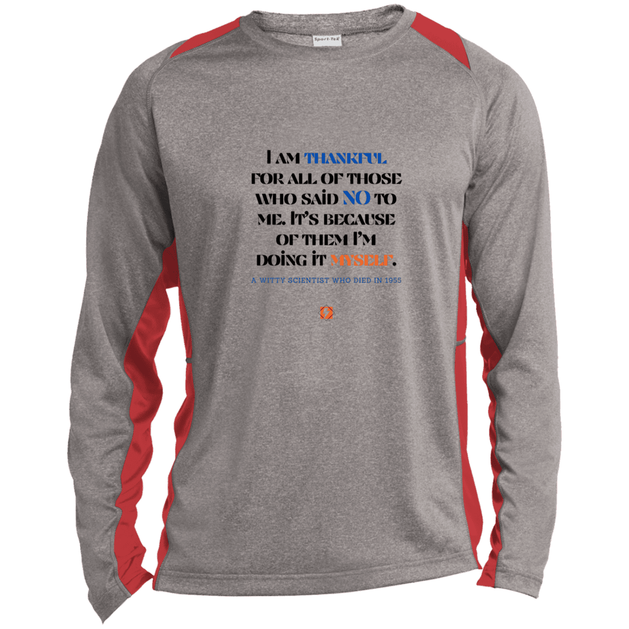 Men's LS Heather Colorblock T-Shirt with inspiring Einstein quote: E102 - I am thankful for all of those who said NO to me - Color: Vintage Heather/True Red