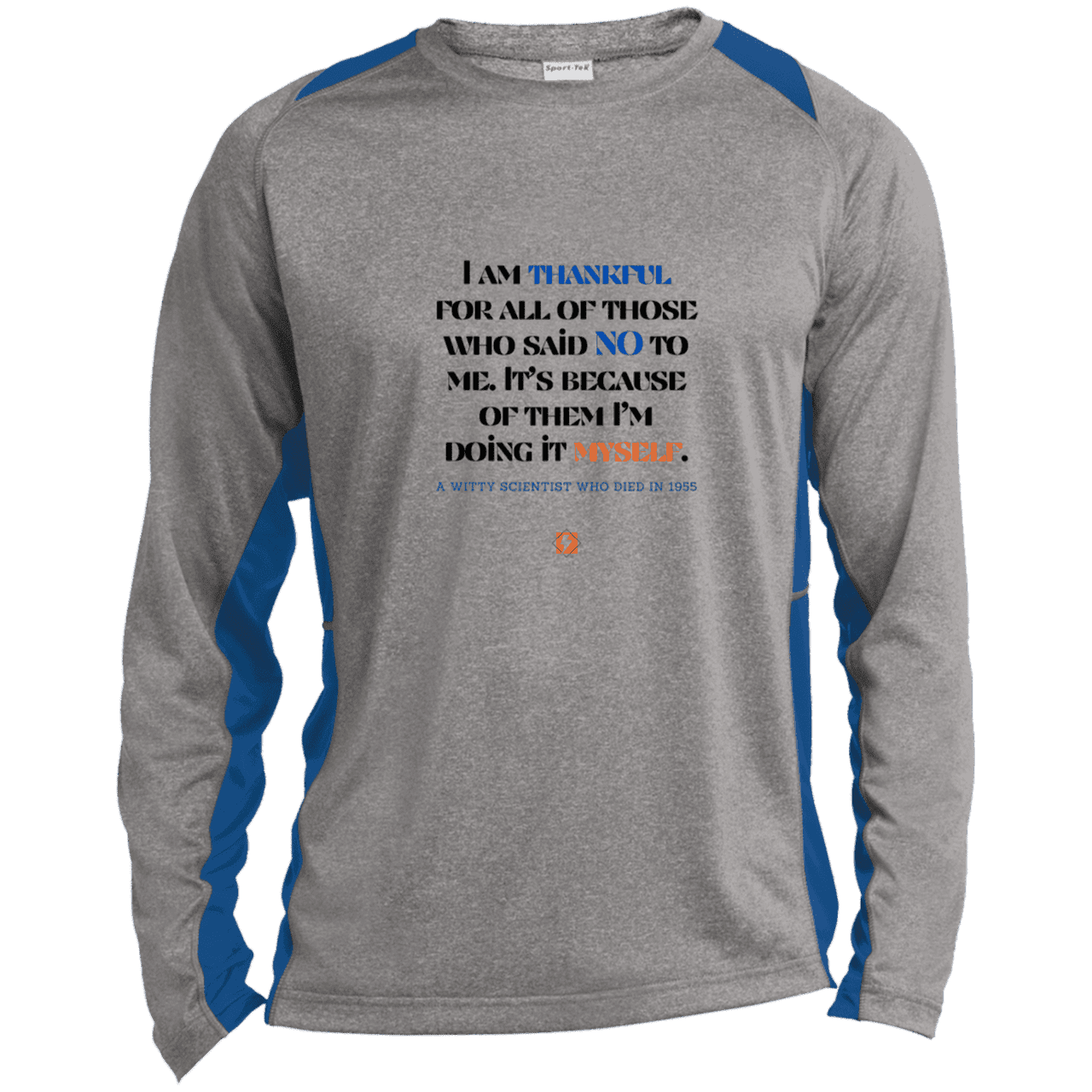 Men's LS Heather Colorblock T-Shirt with inspiring Einstein quote: E102 - I am thankful for all of those who said NO to me - Color: Vintage Heather/True Royal