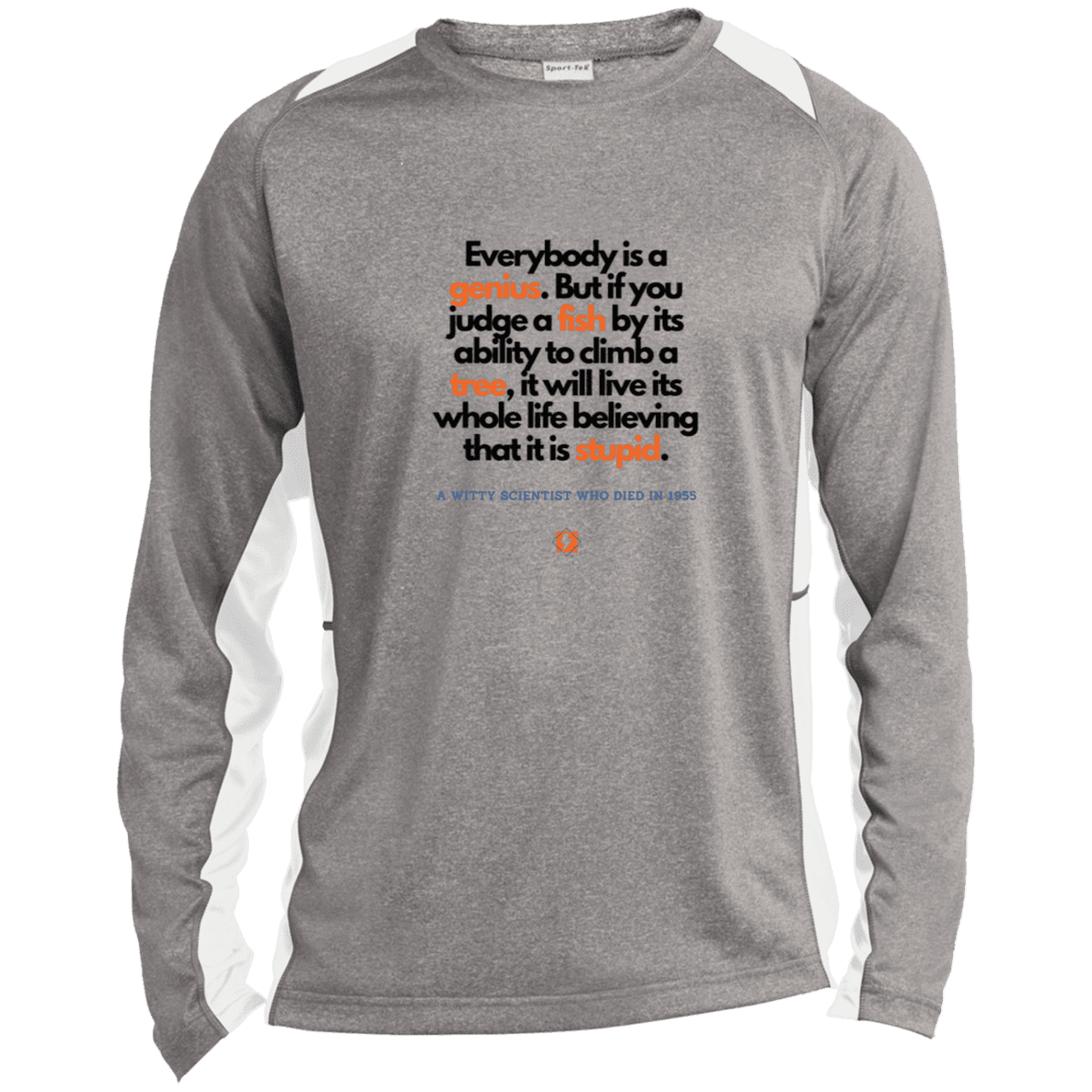 Men's LS Heather Colorblock T-Shirt with inspiring Einstein quote: E103 - Everybody is a genius - Color: Vintage Heather/White