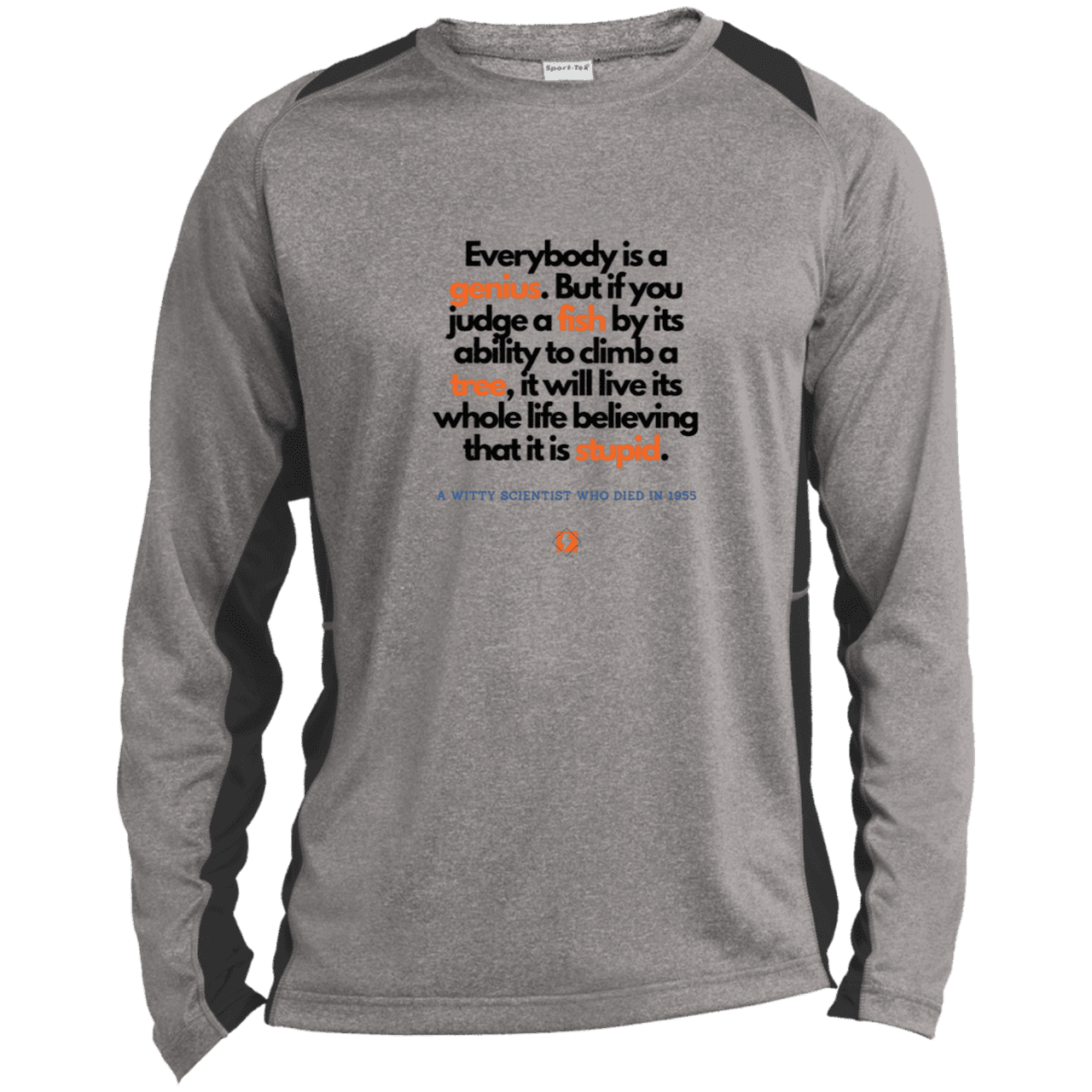 Men's LS Heather Colorblock T-Shirt with inspiring Einstein quote: E103 - Everybody is a genius - Color: Vintage Heather/Black