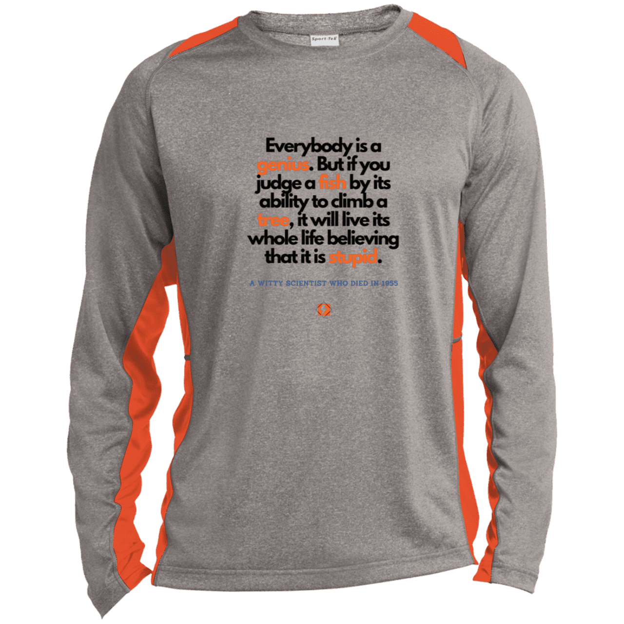 Men's LS Heather Colorblock T-Shirt with inspiring Einstein quote: E103 - Everybody is a genius - Color: Vintage Heather/Deep Orange