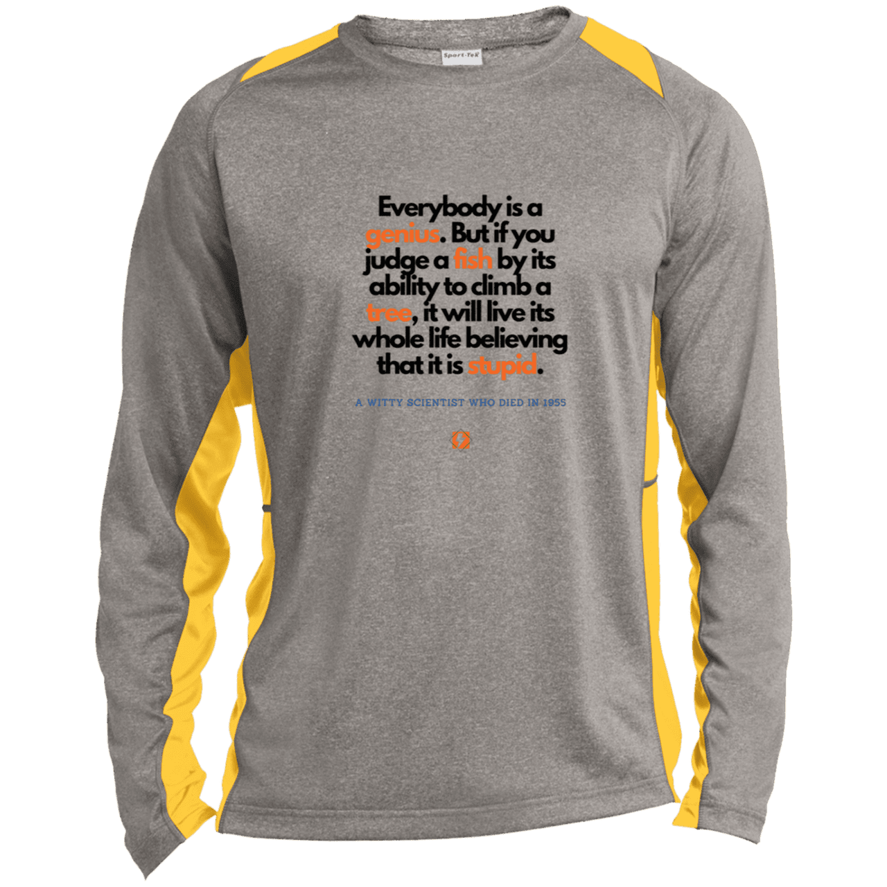 Men's LS Heather Colorblock T-Shirt with inspiring Einstein quote: E103 - Everybody is a genius - Color: Vintage Heather/Gold