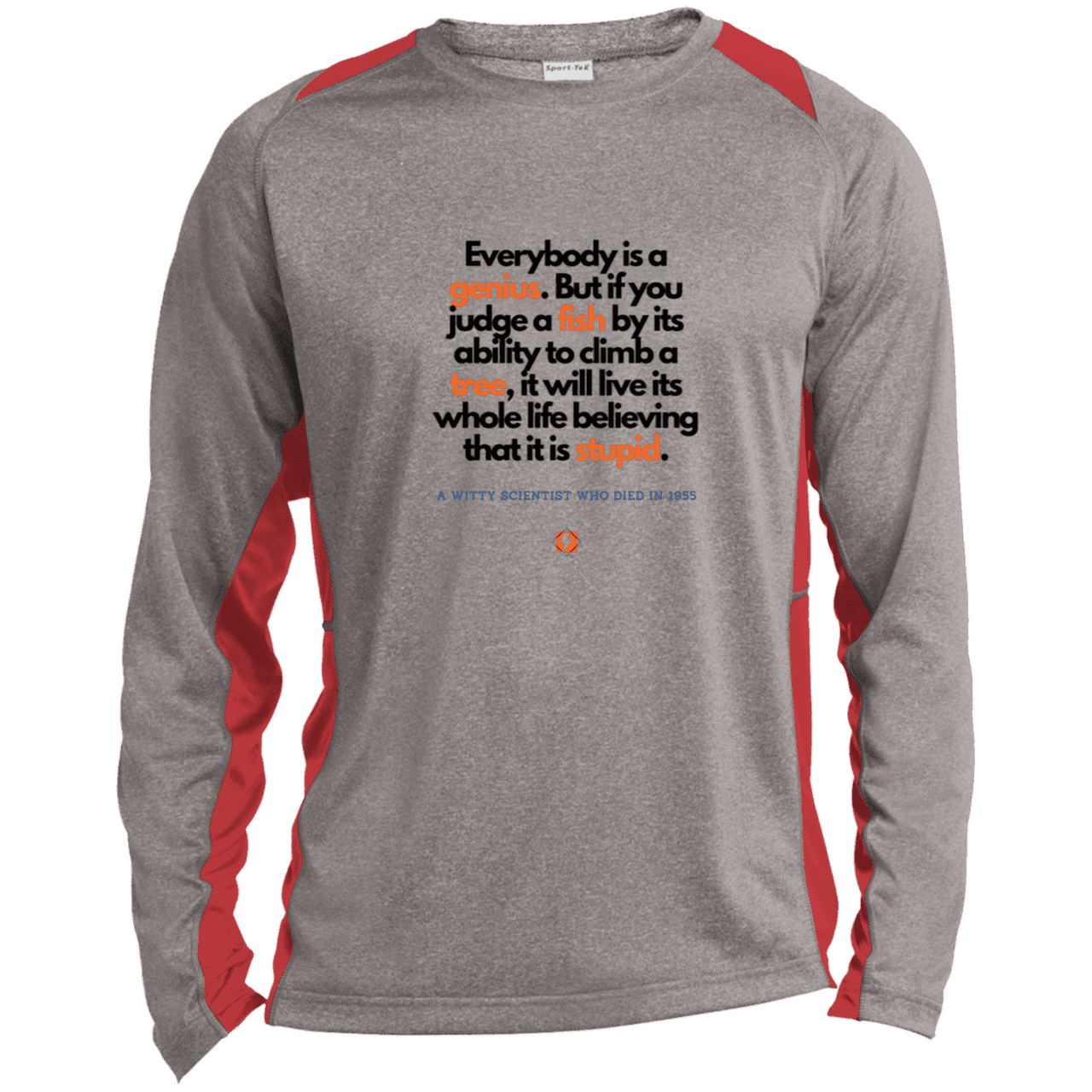 Men's LS Heather Colorblock T-Shirt with inspiring Einstein quote: E103 - Everybody is a genius - Color: Vintage Heather/True Red